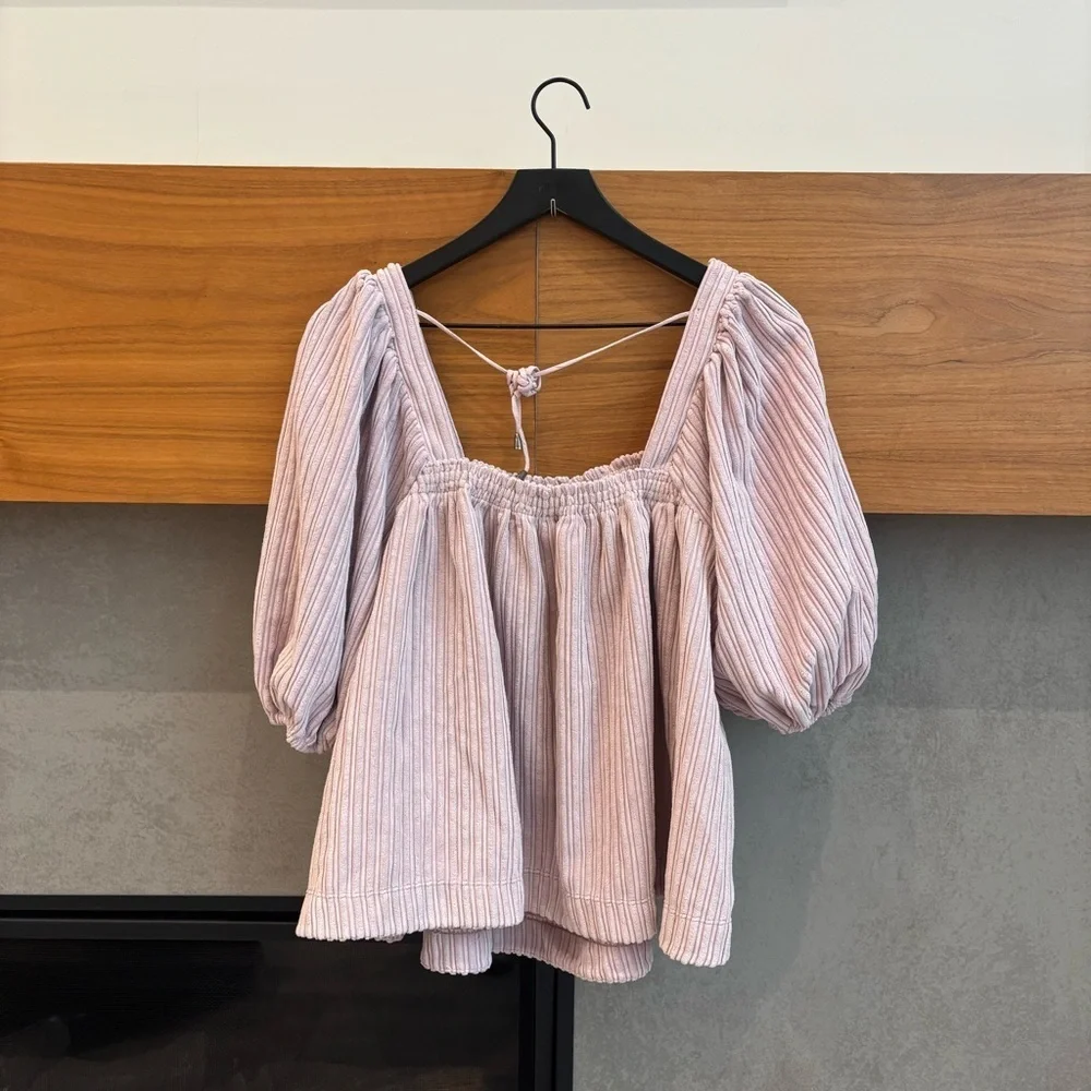 Free People Raquel Cord Puff Sleeve Oversized Textured Blouse, Size M